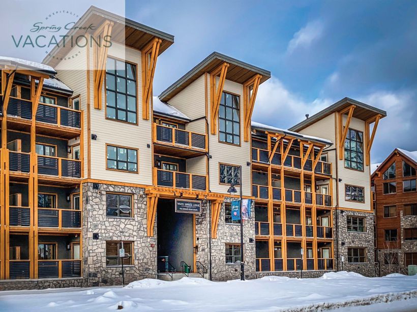The outside of the White Spruce Lodge Rentals in the winter.