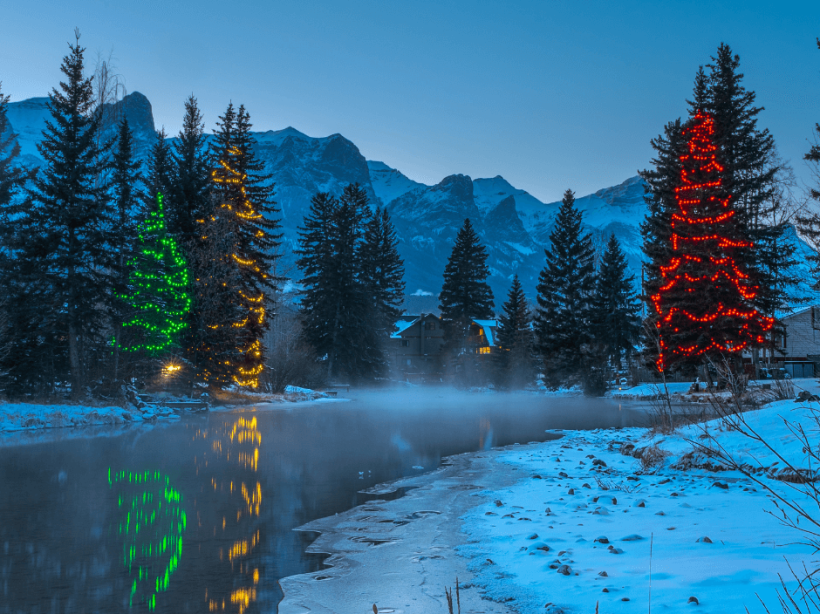 Decorated pine trees with red, green and gold lights for Christmas along a snowy creek by Spring Creek in Canmore, a festive way to celebrate the holidays and winter in Canmore.