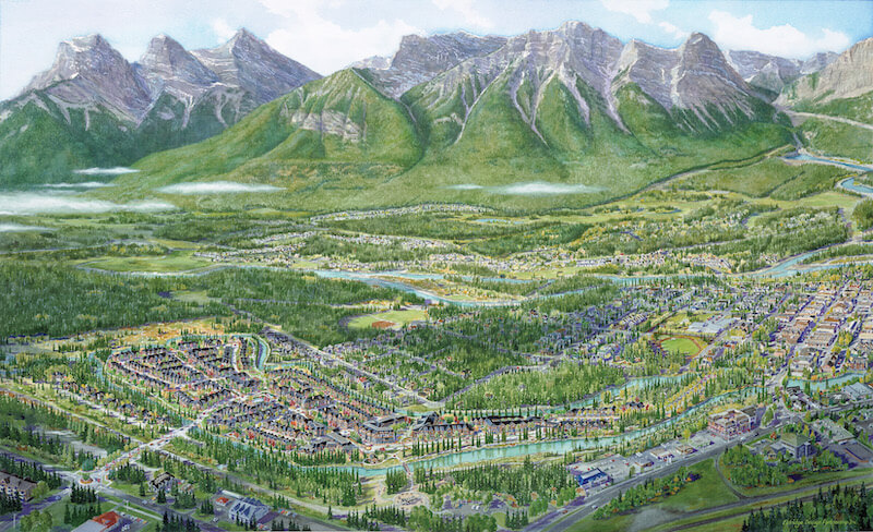 An illustrated, aerial view of the Spring Creek community in Canmore, Alberta, with the beautiful Canadian Rocky Mountains in the background.