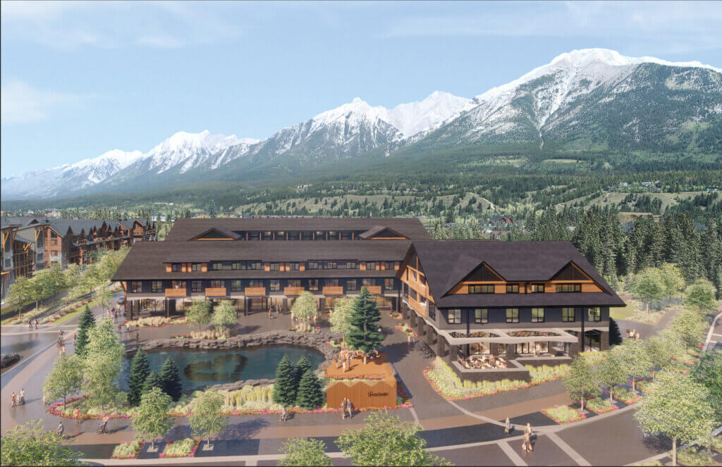 A rendered view of the luxury Tamarack Lodge in Canmore, Alberta, with a large and open courtyard that features a large pond, and with mountains in the background.