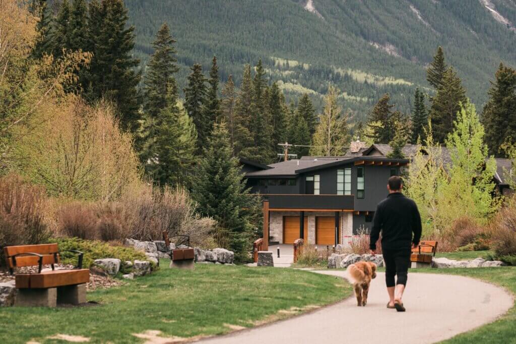 man walking with dog on a path with trees and mountains in distance