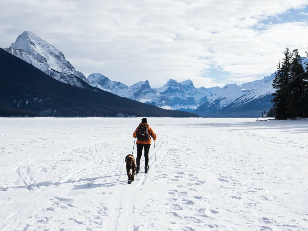 A woman in a red jacket and her dog are cross-country skiing across a snowy landscape with mountains in the background.